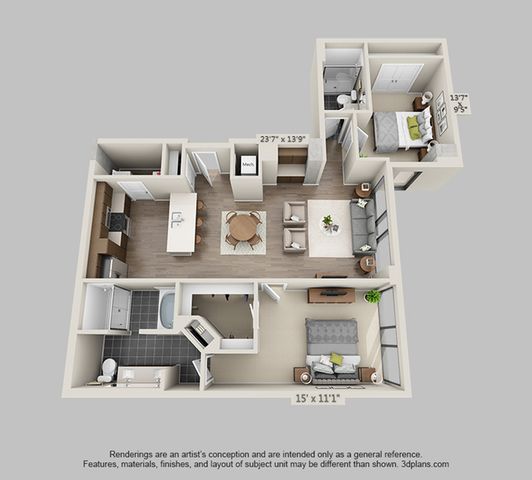 Modern 3D floor plan showcasing a comfortable 2-bedroom apartment with an open living space, a fully equipped kitchen, and a cozy dining area.
