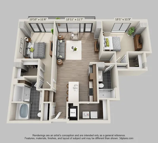Modern 3D floor plan showcasing a spacious apartment with two bedrooms, a bright open-concept living room, and a sleek kitchen with island seating.