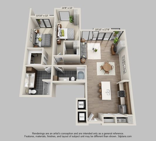 Modern 3D floor plan showcasing two spacious bedrooms, open-concept living and dining area, sleek kitchen with island, and two luxurious bathrooms.
