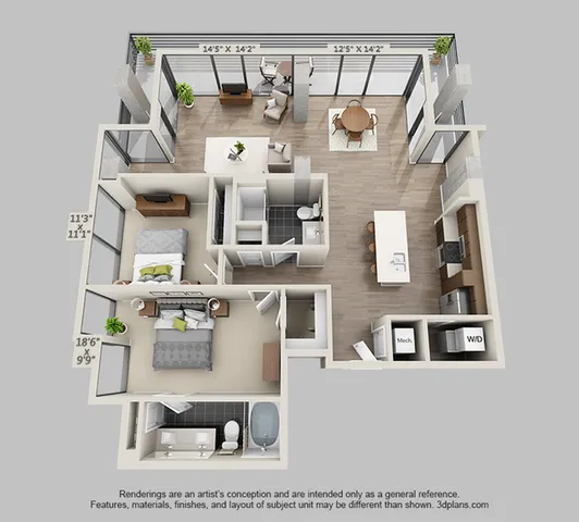 Contemporary 3D floor plan showcasing two bedrooms, a spacious living area, and a sleek open kitchen with an island. Features a separate dining space and large windows for natural light.