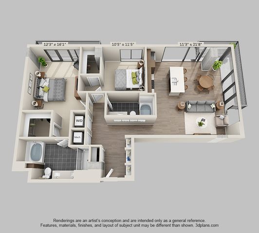 Modern 3D floor plan showcasing 3 bedrooms, open living area, stylish kitchen, and balcony access with ample natural light.