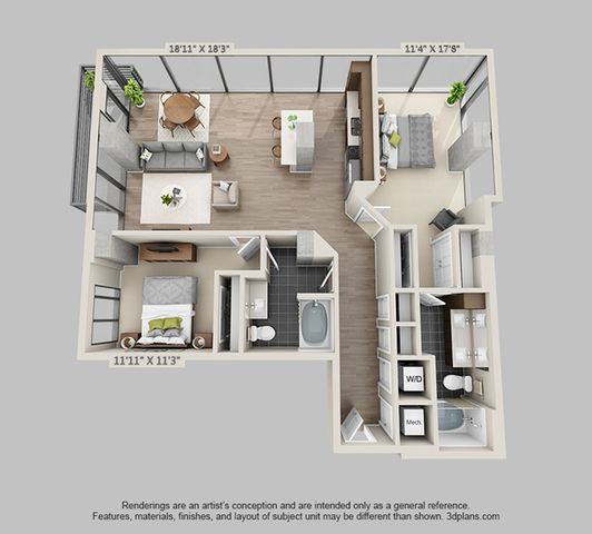 Modern 3D floor plan featuring two spacious bedrooms, a stylish open-concept living area, sleek kitchen with island, and luxurious bathrooms, ideal for comfortable living.