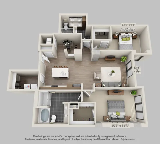 Inviting 3D floor plan showcasing two spacious bedrooms, open-concept living area, elegant kitchen with breakfast bar, and modern bathrooms.