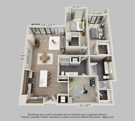 Contemporary 3D floor plan showcasing an open-concept design with 2 spacious bedrooms, modern kitchen, and inviting living area, ideal for stylish urban living.