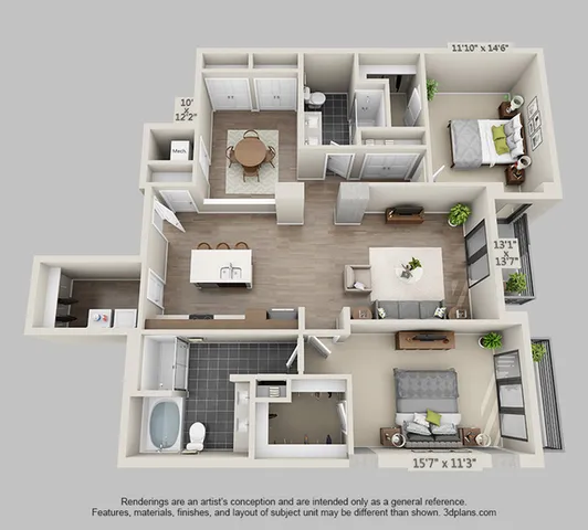 Elegant 3D floor plan showcasing 2 bedrooms, a modern open-concept living area, spacious kitchen, and a cozy dining space. Includes two stylish bathrooms and expansive outdoor views.