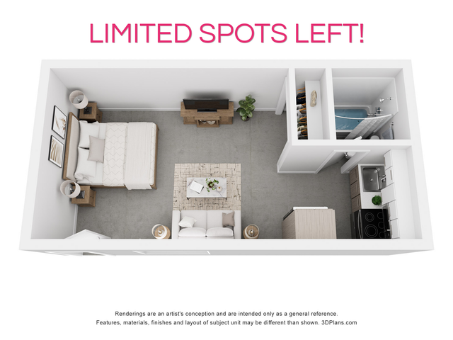 Cozy studio apartment floor plan with modern kitchen, comfortable living area, and stylish bedroom layout.
