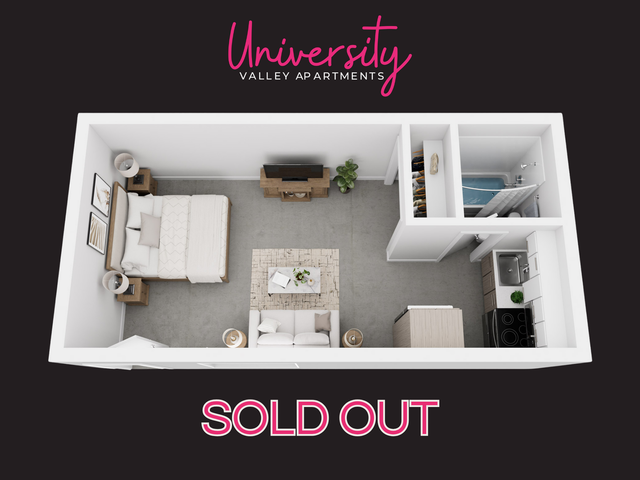 Chic 3D floor plan of a University Valley Apartment studio featuring a cozy bedroom, modern kitchen, and inviting living area, now sold out.