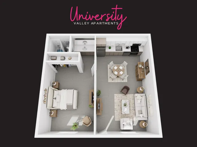 Chic University Valley Apartments floor plan featuring a cozy bedroom, modern kitchen, and inviting living-dining area.
