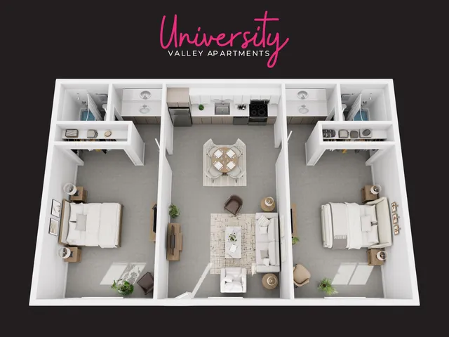 Elegant University Valley Apartments floor plan showcasing two spacious bedrooms, an inviting living area, modern kitchen with open layout, and two stylish bathrooms.