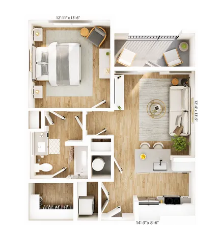 Chic 1-bedroom apartment floor plan with a stylish living room, modern kitchen, and cozy balcony.
