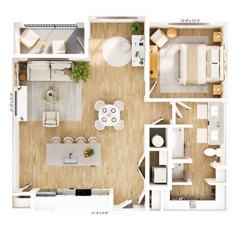 Modern 1-bedroom apartment floor plan featuring an open-concept living room, sleek kitchen with island, cozy dining area, and spacious bathroom.