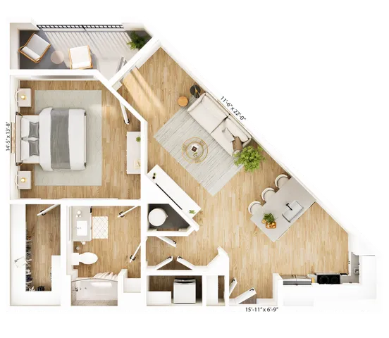 Chic floor plan featuring 1 bedroom, open living room with a cozy seating area, modern kitchen with island, and spacious bathroom, designed for contemporary living.