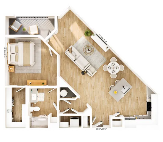 Chic and modern 3D floor plan featuring a spacious bedroom, open-concept living and dining area, elegant kitchen, and private balcony for relaxation.