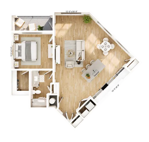 Modern open-concept one-bedroom floor plan with spacious living area, sleek kitchen, and private balcony.