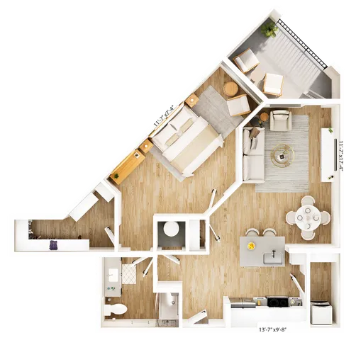 Elegant 2D apartment floor plan featuring a spacious bedroom, modern kitchen, cozy living room, and a charming balcony.