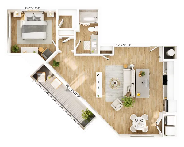 Modern open-concept floor plan featuring a spacious bedroom, elegant living area, and contemporary kitchen with a balcony.