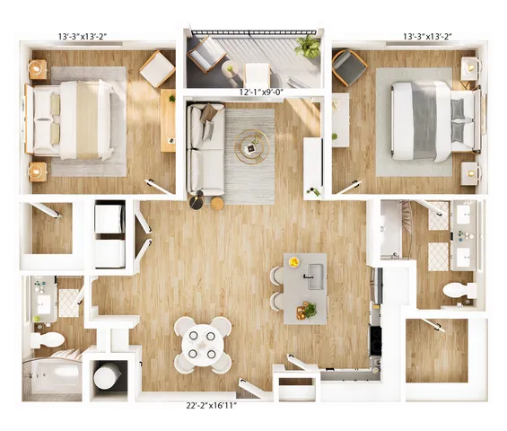 Charming apartment floor plan showcasing 2 spacious bedrooms, an inviting open-concept living area, and a modern kitchen with dining space.
