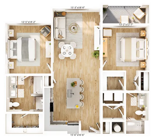 Inviting 3D floor plan showcasing two luxurious bedrooms, a modern kitchen with an island, open-concept living and dining area, and stylish bathrooms.