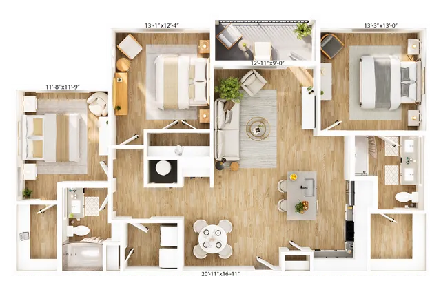 Beautiful 3D floor plan featuring two spacious bedrooms, a stylish open-concept living and dining area, modern kitchen, and a cozy balcony.