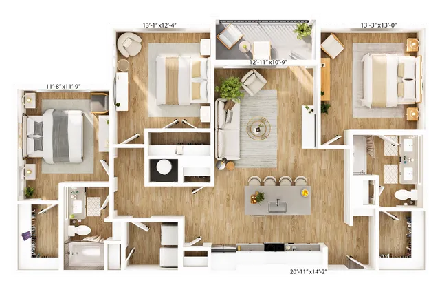Modern floor plan showcasing 2 spacious bedrooms, an open kitchen, elegant living room, and a cozy balcony area.