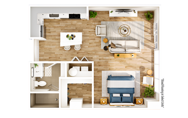Contemporary 1-bedroom apartment floor plan featuring an open-concept living area, modern kitchen, and sleek bathroom. Enjoy open space and stylish design with wood flooring.