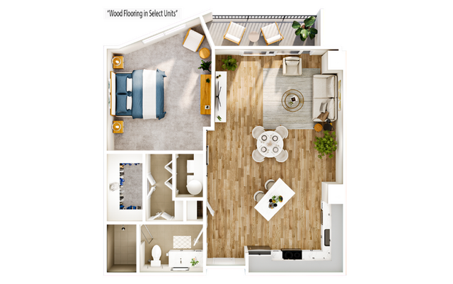 Chic 1-bedroom apartment floor plan featuring an open-concept living area, modern kitchen with island, and inviting balcony with seating.