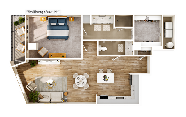 Modern floor plan featuring an elegant 1-bedroom suite, spacious living area, open-concept kitchen, and private balcony with wood flooring in select units.