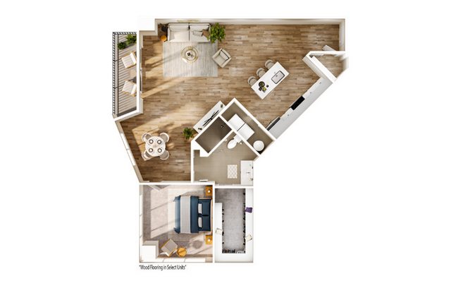 Modern 1-bedroom apartment floor plan with open-plan living area, sleek kitchen, and cozy balcony.