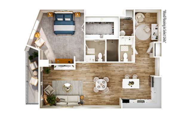 Modern floor plan showcasing a spacious 1-bedroom apartment with an open living area, stylish kitchen, and private balcony. Features elegant wood flooring and a well-appointed bathroom.