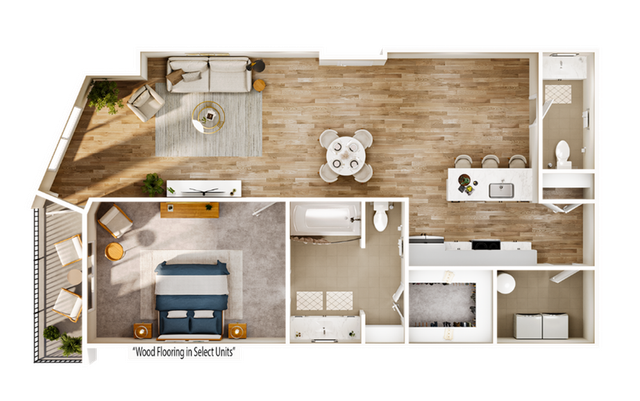 Modern apartment floor plan showcasing 1 bedroom, spacious living room, and open kitchen with wood flooring in select units.