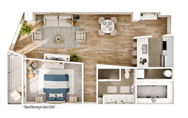 Elegant floor plan showcasing a modern one-bedroom apartment with open-concept living area, stylish kitchen, and wood flooring in select units.