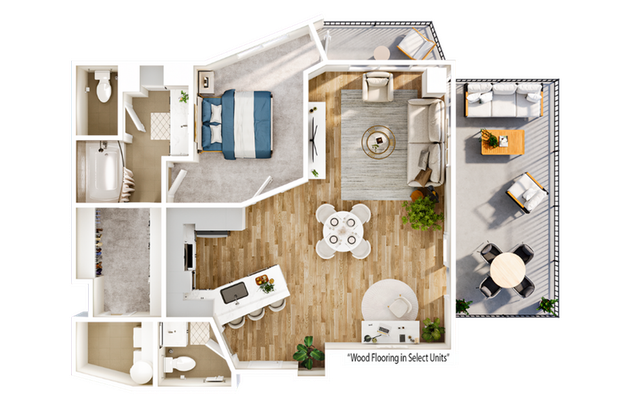 Modern 3D floor plan showcasing 1 bedroom, elegant living room, contemporary kitchen, and inviting terrace with patio furniture.