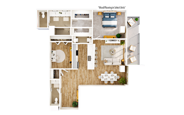 Inviting 2D floor plan showcasing a modern apartment with a cozy bedroom, spacious kitchen, and elegant living area with wood flooring in select units.