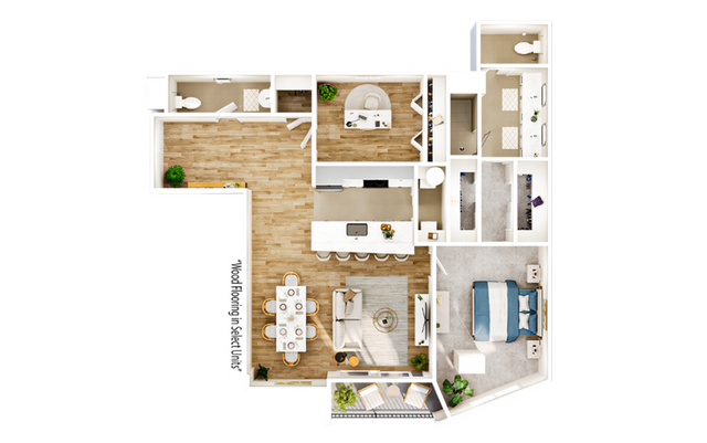 Contemporary 2D floor plan showcasing a luxury one-bedroom apartment with open living area, sleek kitchen, office space, and stylish bathroom. Features elegant wood flooring and modern interior design.