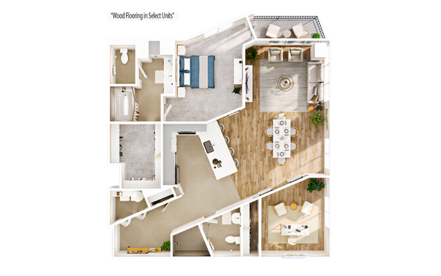 Modern 3D floor plan with 1 bedroom, spacious living room, sleek kitchen, and elegant dining area, featuring wood flooring in select units.