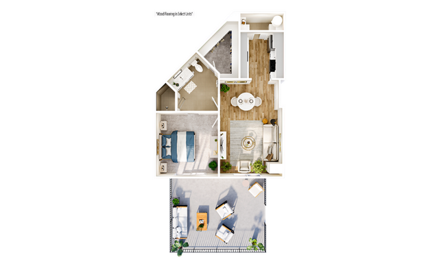 Elegant 3D floor plan featuring a serene bedroom, stylish bathroom, open living area, modern kitchen, and a spacious private balcony.