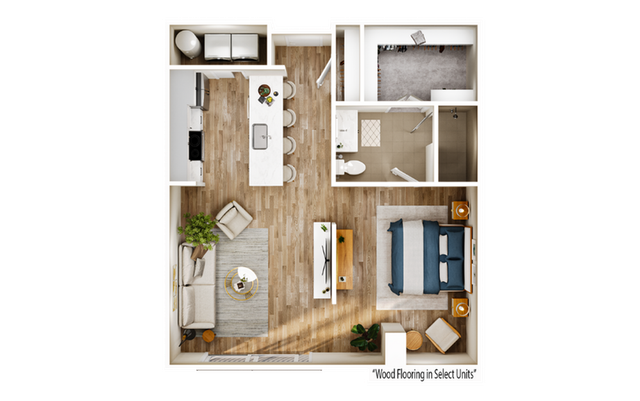 Chic and modern 1-bedroom apartment floor plan featuring an open-concept living area, stylish kitchen with island, and elegant bathroom.