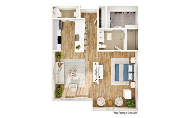 Modern open-concept floor plan with one bedroom, a spacious kitchen island, inviting living area, and elegant wood flooring.
