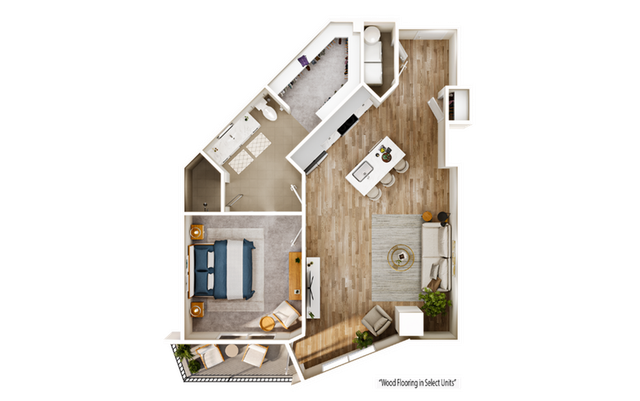 Modern floor plan showcasing a stylish 1-bedroom apartment with an open-concept living area, sleek kitchen, and private balcony.