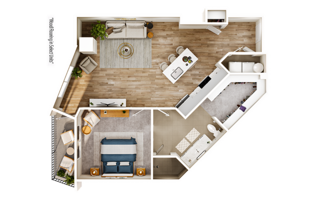 Chic and modern floor plan showcasing a one-bedroom apartment with open living area, stylish kitchen, and elegant wood flooring.