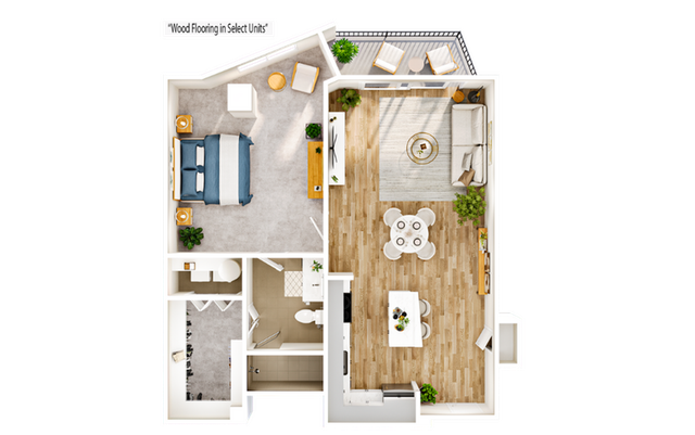 Charming 1-bedroom floor plan with wood flooring, cozy living area, and modern kitchen opening to a stylish dining space.