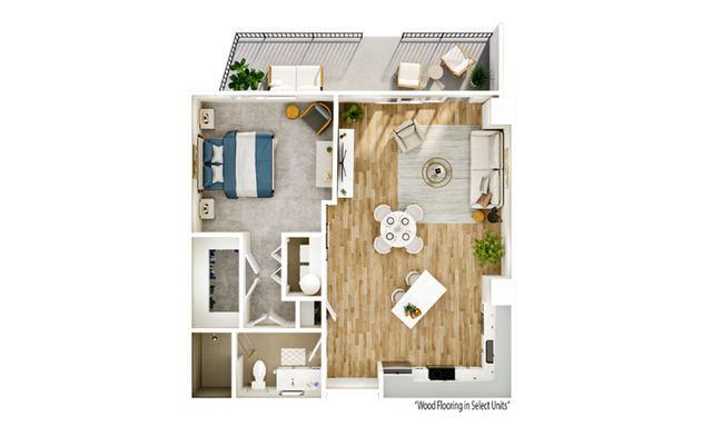Chic floor plan showcasing a modern 1-bedroom apartment with open-concept living and dining area, stylish kitchen, and private balcony.
