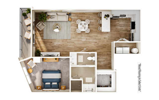 Modern apartment floor plan showcasing a spacious layout with one bedroom, an open-concept living area, sleek kitchen, cozy patio, and stylish wood flooring.