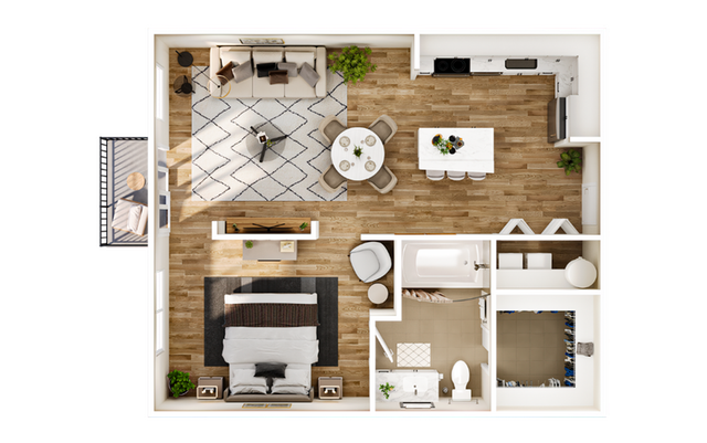 Chic 1-bedroom apartment floor plan showcasing an open-concept living area, modern kitchen, and stylish bathroom.