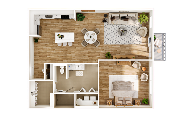 Modern open-concept floor plan with one spacious bedroom, sleek kitchen, cozy living area, and elegant bathroom, all featuring stylish wooden flooring.