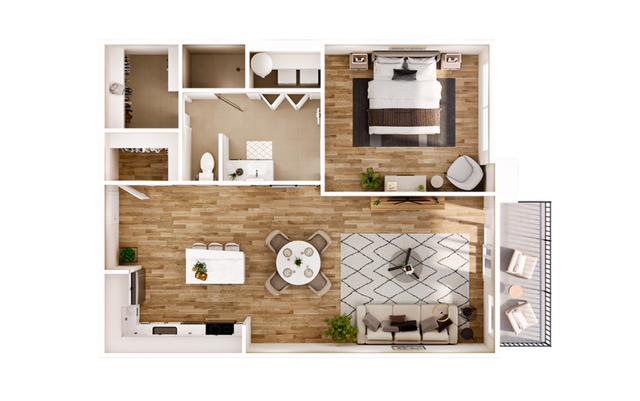 Modern apartment floor plan with a spacious bedroom, elegant living room, and open-concept dining area, featuring wood flooring and ample natural light.