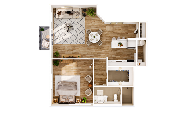 Chic 2D apartment floor plan featuring a cozy bedroom, spacious open-concept living and dining area, sleek kitchen, and elegant bathroom.