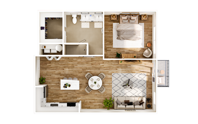 Modern 2D floor plan featuring a spacious open-concept living area, gourmet kitchen with dining space, luxurious bedroom, and elegant bathroom.