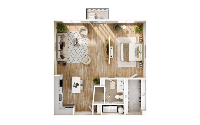 Chic open-concept apartment floor plan boasting a spacious bedroom, modern kitchen, and cozy living area with balcony access.
