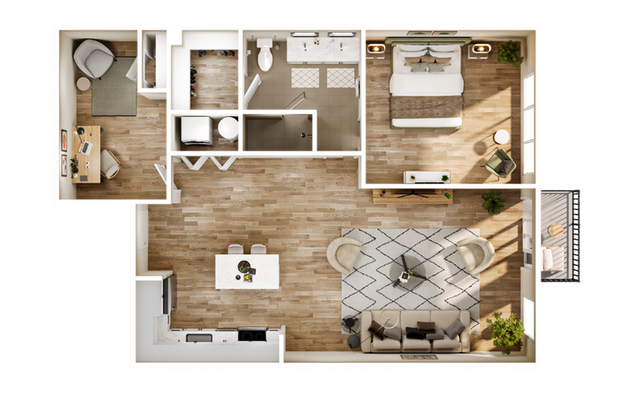 Elegant floor plan showcasing 1 bedroom, a modern home office, sleek kitchen, and open living area with natural light.